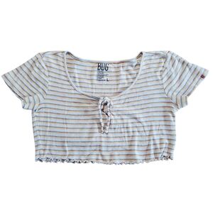 BDG Crop Top, Tie Front, Ruffle Hem, S/S, Cream With Stripes, Size L